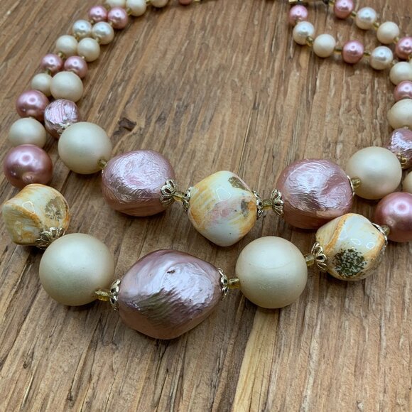 Japan Vintage Double Strands Pink Champagne Beaded Gold Tone Hook Clasp Necklace - Picture 1 of 5